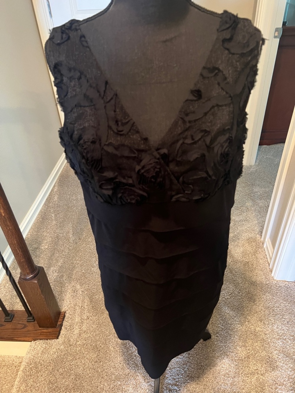 Elegant Black V-Neck Rosette Tiered Mini Dress